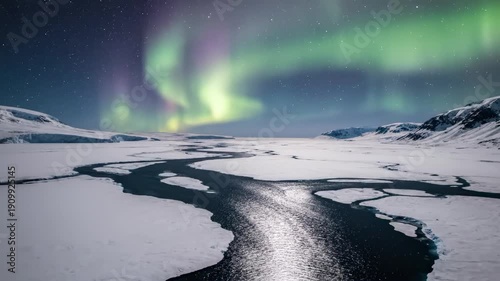 Aerial Arctic Fjord Ice Patterns with Aurora Reflection