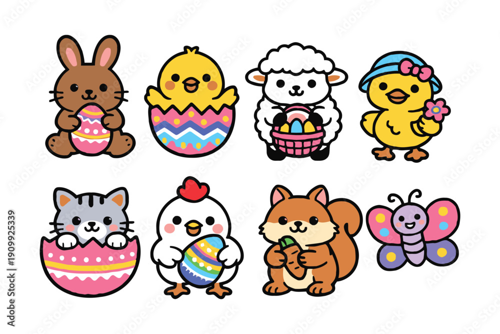 Fototapeta premium A colorful illustration of Easter characters and animals holding eggs and candy.
