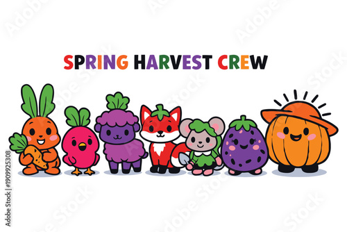 A colorful illustration of cartoon vegetables and animals in a spring harvest crew
