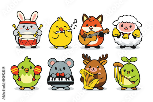 A colorful illustration of cartoon animals playing various musical instruments together in harmony.
