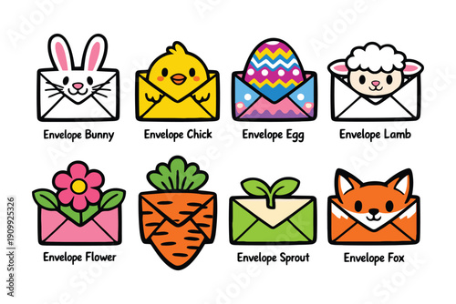 A colorful illustration of eight Easter-themed envelopes with various cartoon characters and objects.