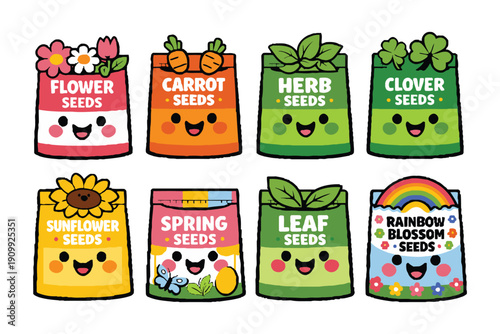 A colorful illustration of cartoon seed packets for various plants and flowers.