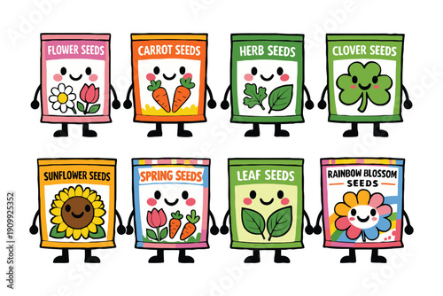 A colorful illustration of cartoon seed packets with smiling faces and various plant types.