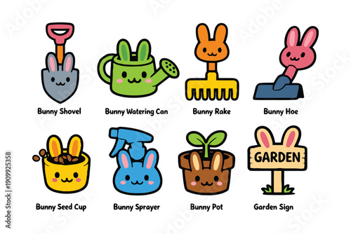 A colorful illustration of cartoon bunnies holding gardening tools on a white background