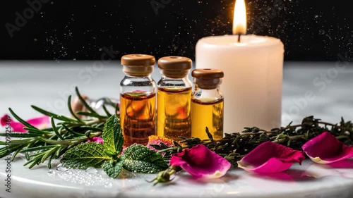 Glass Serum Vials on Marble with Herbs and Candlelight