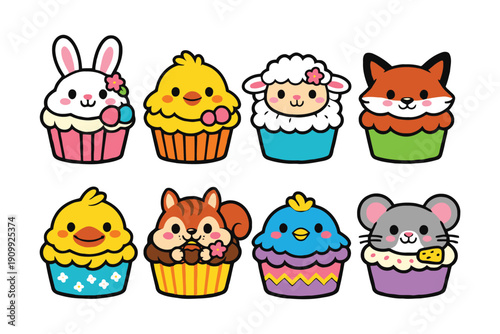 A colorful illustration of cartoon animal cupcakes on a white background