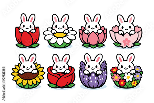 A group of cartoon bunnies sitting in colorful flowers on a white background