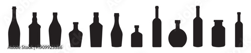 Black bottle icon set. Wine, champagne and liquor bottle silhouettes. Alcohol and beverage symbols for bar and packaging design. Solid minimal vector icons – stock vector