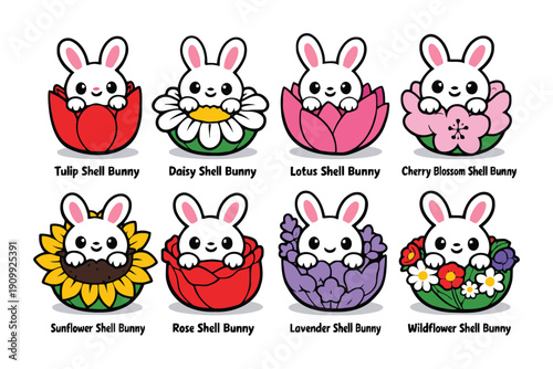 A colorful illustration of cartoon bunnies sitting in various flowers and shells.