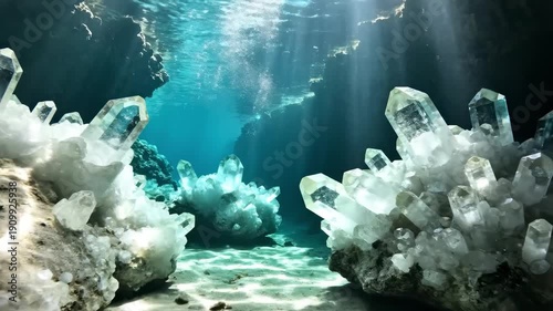 Underwater Crystal Cave with Sun Caustics and Light Rays