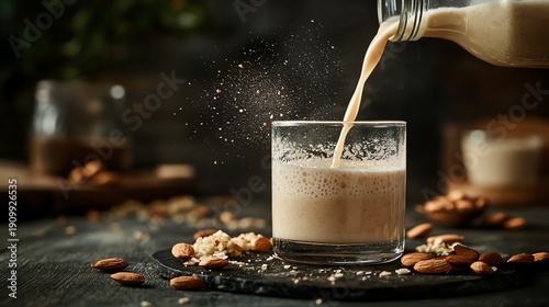 A glass of almond milk being poured. Healthy beverage with almonds scattered around, creating a natural and wholesome scene.