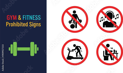 Gym and fitness prohibited activity signs set