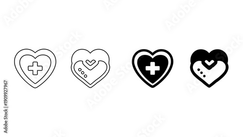 Medical Heart Care and Cardiology Symbols Set, Healthcare Plus and Heartbeat Line Icons