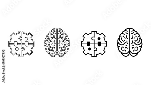 Brain and Mechanical Gear Puzzle Icon for Mental Health and Problem Solving, Cognitive Psychology and Teamwork Logic Vector Illustration in Outline and Glyph Style