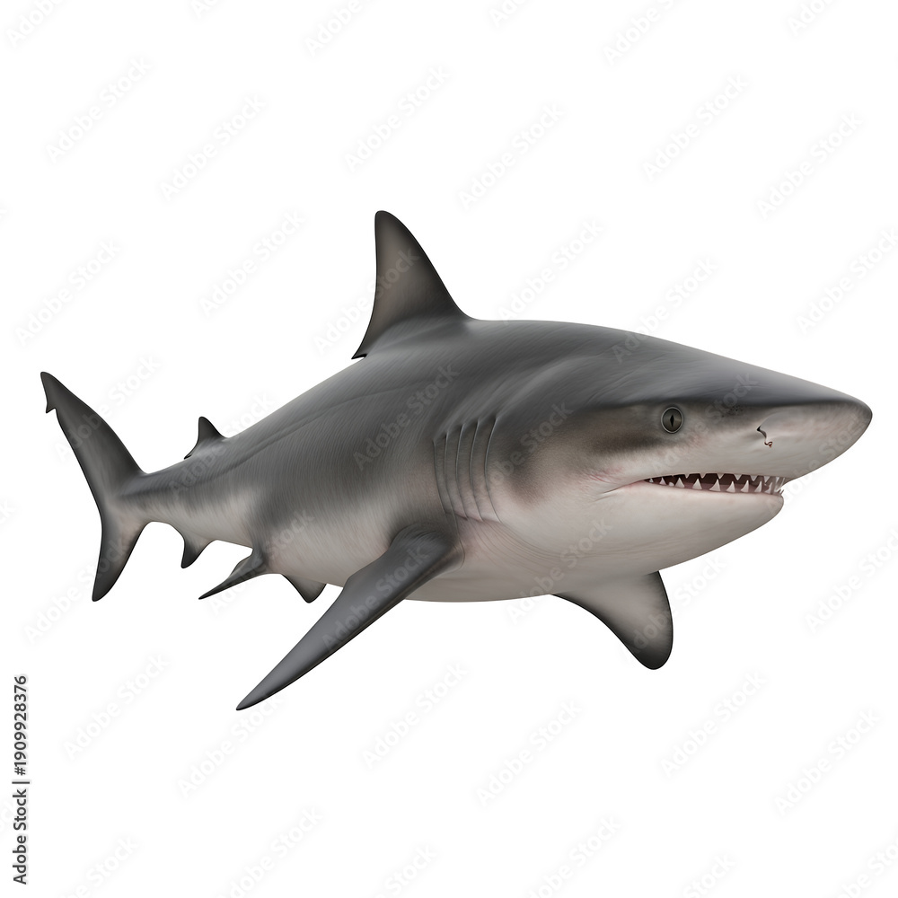 Fototapeta premium A formidable great white shark swims menacingly with its powerful jaws slightly agape, revealing rows of sharp teeth, displaying its grey and white body against a dramatic black background