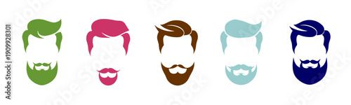 A creative set of colorful male hairstyles with mustaches and beards.