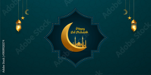 Happy Eid al-Adha greeting with golden crescent moon mosque and hanging lanterns.