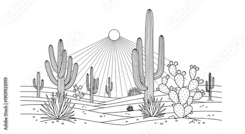 Minimalist desert landscape line art illustration with saguaro and prickly pear cacti under a radiant sun. Arid southwest scenery.