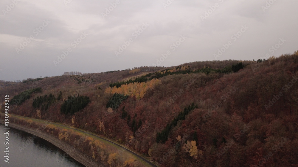 Obraz premium Autumn Lake Aerial View with Soft Light and Rolling Landscape