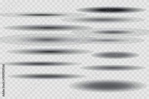 Different realistic round shadow, soft shapes on transparent background. Gray circular and ellipse shadows set. Vector illustration.