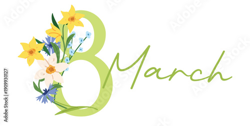 International Women's Day March 8 card with flowers on white background.