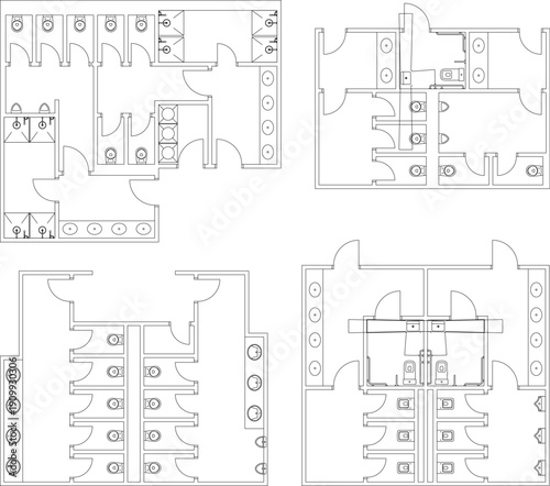Technical vector drawing showing four different layouts for commercial public restrooms with stalls, sinks, and doors in black line art.