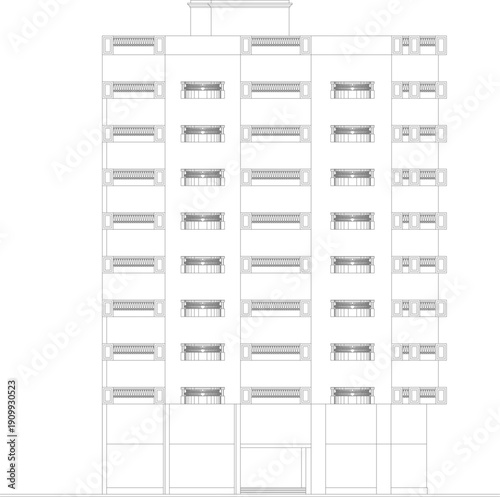 Architectural elevation drawing of a modern multi-story residential building with repetitive balconies, white line art style.