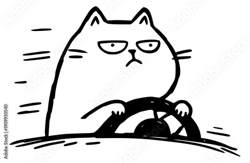 Angry cat driving wheel funny illustration