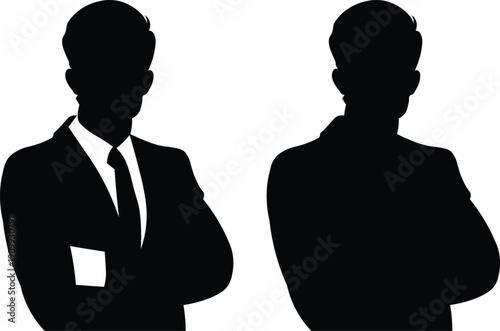 Silhouette vector of two businessmen in suits with arms crossed on white background