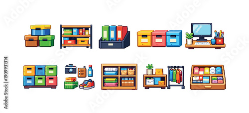 Home office, stationery flat icon set. organizational tools and products collection