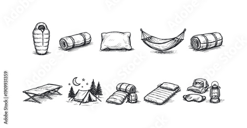 Camping silhouette icon set. outdoor activities, gear, adventure icons collection