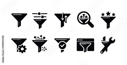 Filter, data management solid icon set. search, sorting, and adjustment icons