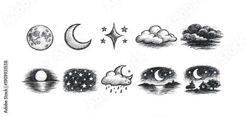 Weather silhouette icon set. moon, stars, clouds, night sky silhouette designs