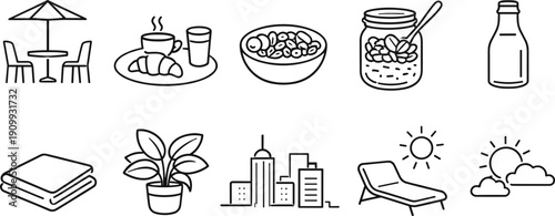 Collection of simple line art icons representing breakfast, relaxation, and city life