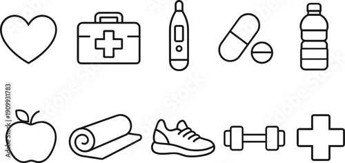 Collection of health and fitness icons including a heart, first aid kit, thermometer, pills, and water bottle