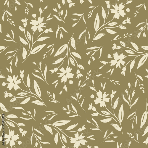 Nostalgic monochrome meadow wildflowers seamless pattern with delicate hand-painted florals, organic foliage on olive background. Romantic cottagecore design. Ideal for rustic textiles, vintage