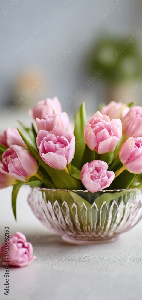 Obraz premium Pink tulips in glass bowl on white table, soft daylight, fresh spring floral home decor scene