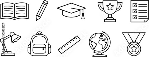 Collection of school and education icons in a simple line art style