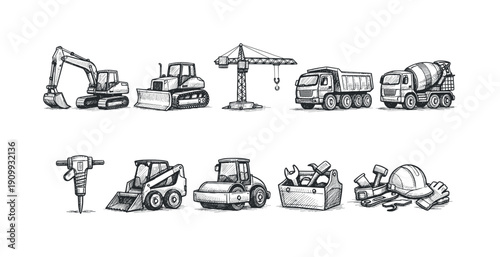 Construction equipment silhouette icon set. heavy machinery, tools, vehicles icons.