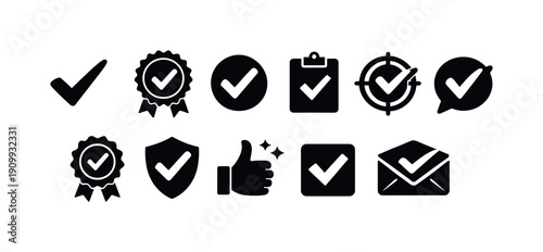 Checklist and approval solid icon set. task, validation, security icons collection