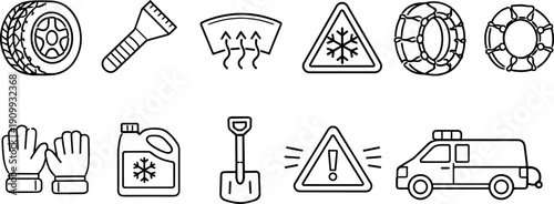 Winter car safety and emergency kit icons for driving in snow and ice conditions