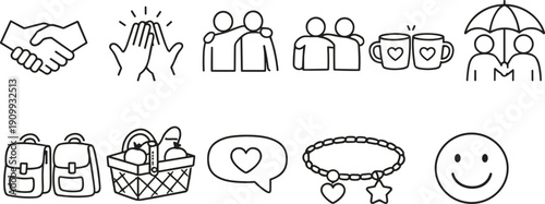 Collection of friendship and relationship icons in a simple line art style