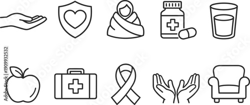 Collection of healthcare and wellness icons representing medical care, support, and healthy living