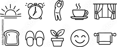 Collection of morning routine icons including sunrise, alarm clock, stretching, coffee, and toast