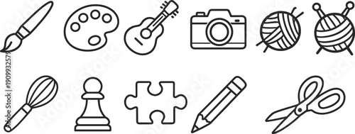 Collection of creative hobby icons including art, music, photography, and crafting