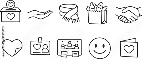 Collection of simple line icons representing charity, kindness, and community support
