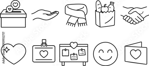 Collection of simple line icons representing kindness, charity, and positive emotions