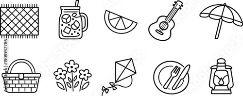 Collection of simple line art icons representing picnic and outdoor leisure activities