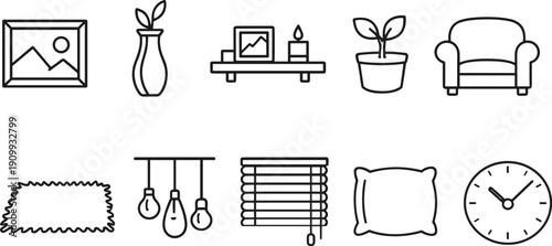 Collection of simple line art icons representing home decor and furniture elements