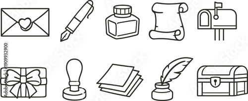 Collection of vintage writing and postal icons in a simple line art style